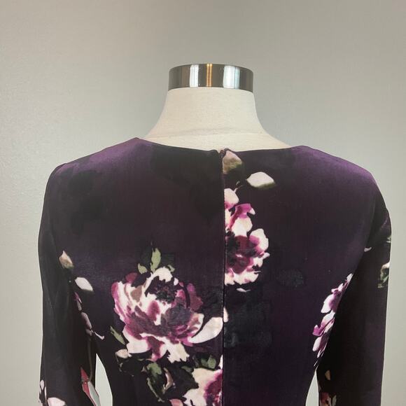 Vince Camuto Velvet Long Sleeve Floral Print Sheath Cocktail Dress Purple Size 8 - Picture 7 of 12